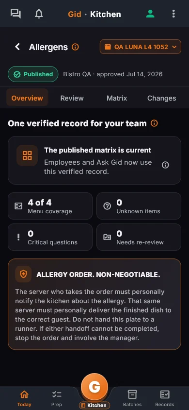 The Gid Allergen Safety record on a phone, published and current.
