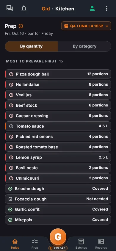 The Gid Kitchen prep list on a phone, by quantity.